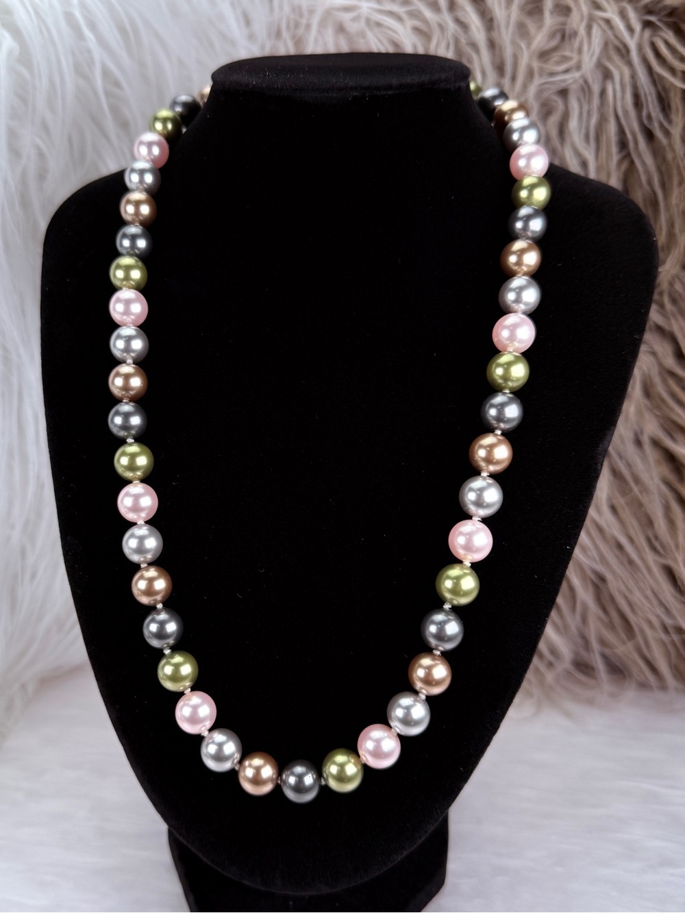 Multicolor Faux Pearl Statement Necklace Magnetic Clasp Accent Long Strand